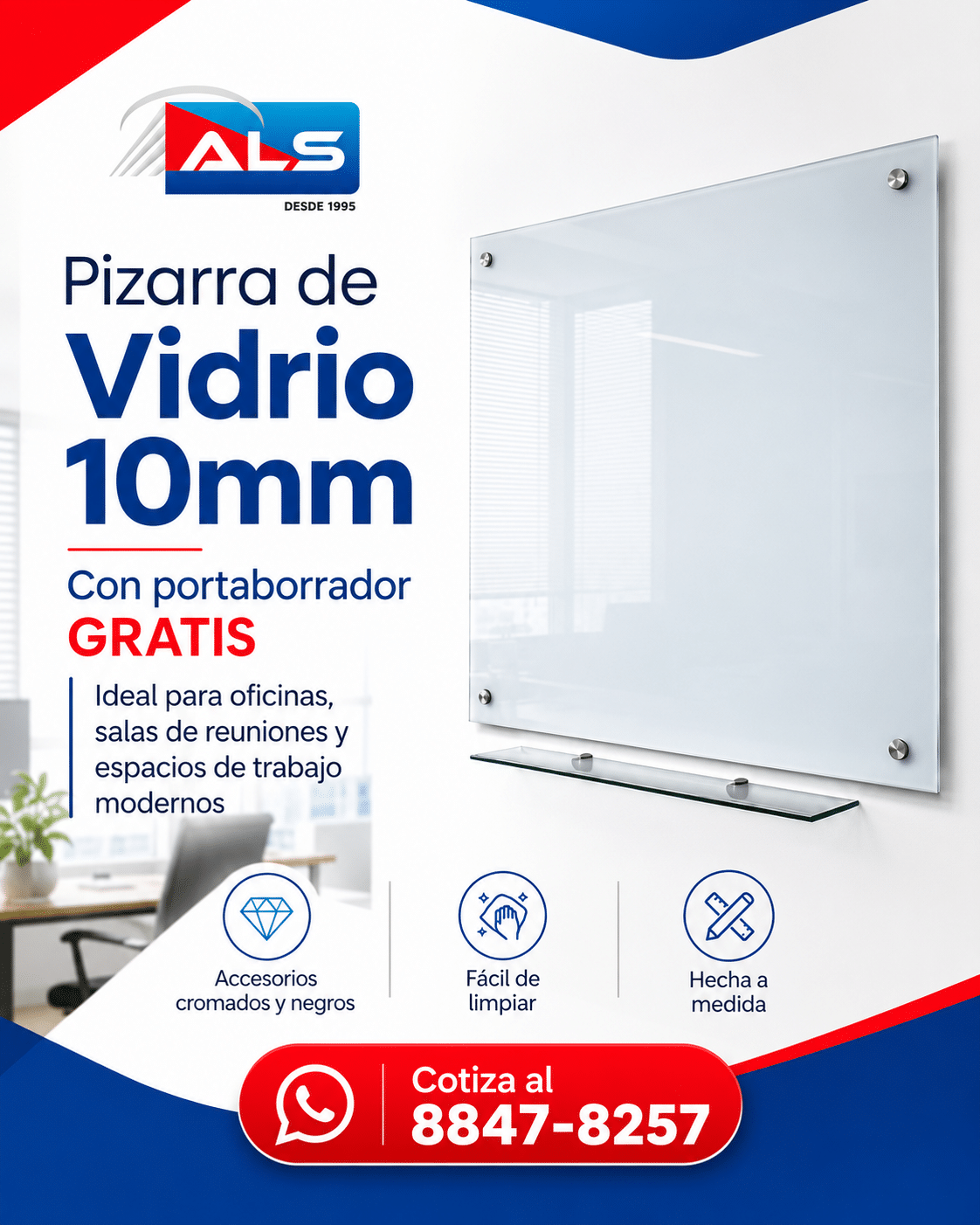 Pizarra de vidrio 10mm con portaborrador gratis - Aluminios del Sur