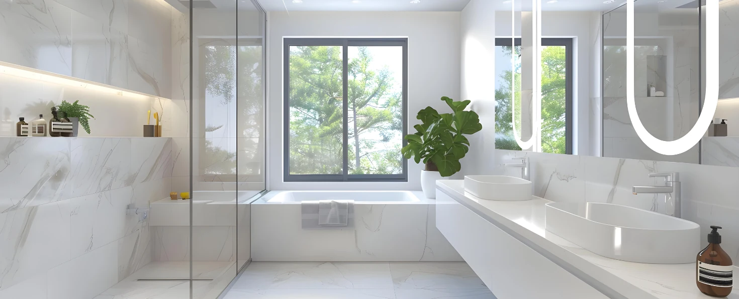 Baño moderno con puertas de vidrio y espejos