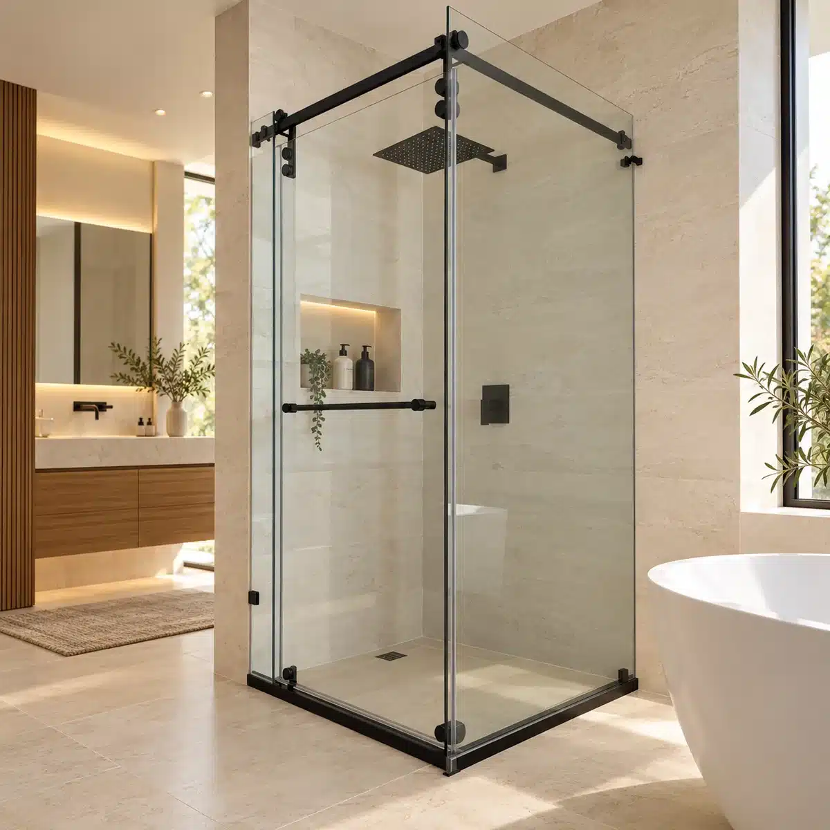 Ilustración de puerta de baño corrediza giratoria con vidrio claro y herrajes negros